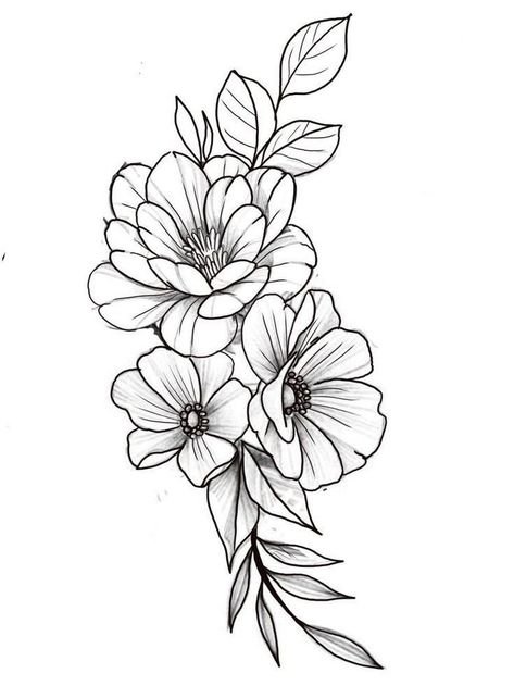 Flower Sketches Tattoo, Floral Tattoo Design Drawings, Floral Tattoo Sketch, Flower Tato, Flower Line Tattoo, Flower Outline Tattoo, Flower Tattoo Stencil, Flowers Tattoo Design, Flower Tattoo Stencils