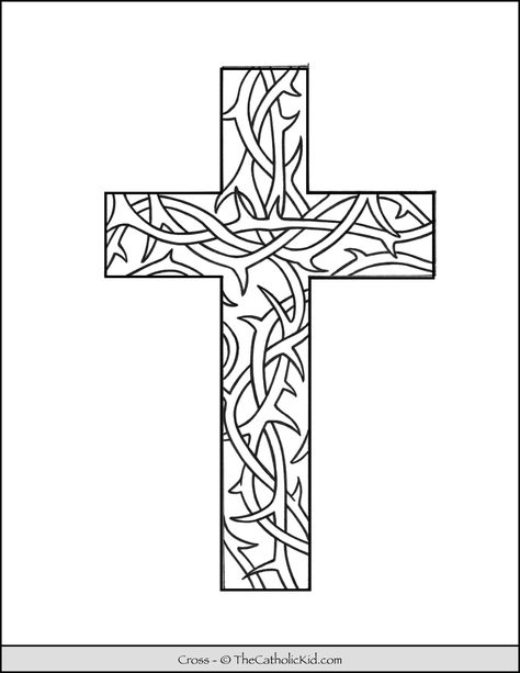 Cross Coloring Page - Thorn Pattern - TheCatholicKid.com Cross Coloring Page, Cross Drawing, Holly Pictures, Cross Pictures, Cross Wreath, Candle Carving, Sketch Tattoo Design, Detailed Coloring Pages, Cross Art