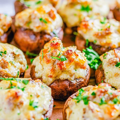 Sausage Stuffed Mushrooms via @danadevolk Stuffed Mushrooms Cream Cheese, Stuffed Mushrooms With Cream Cheese, Stuffed Mushrooms Easy, Cream Cheese Appetizer, Sausage Stuffed Mushrooms, Cheese Stuffed Mushrooms, Classic Appetizers, Stuffed Mushroom, How To Cook Sausage