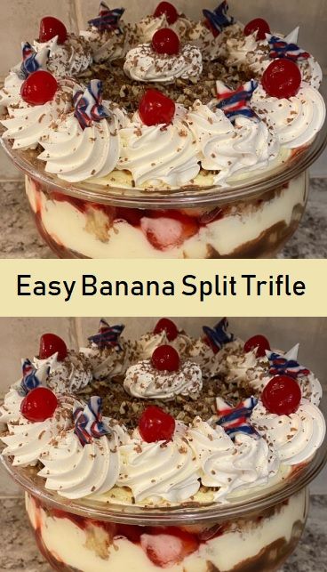 Easy Banana Split Trifle Banana Split Trifle, Banana Trifle, Strawberry Banana Cheesecake Salad, Trifle Cake, Trifle Dessert Recipes, Cheesecake Trifle, Banana Split Dessert, Trifle Desserts, Instant Pudding Mix