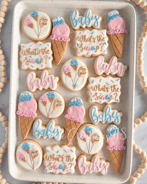 What’s the scoop? Gender reveal cookies 💙🩷 Pricing? 👉🏻 https://msha.ke/alecreations918 • • • • #alecreations918 #tulsasmallbuisness #tulsaoklahoma #decoratedsugarcookies #customcookies #cookie #cookies #inspirationcookies #cookiesofinstagram #royalicingcookies #desserts #okcookier #dessertideas #partyideas #party #sugarcookies #royalicing #cookier #royalicingcookies #cookies #cookiesideas #royalicingideas #genderrevealcookies #genderrevealparty #genderrevealdesserts #genderrevealdecorations #... What's The Scoop Gender Reveal, Scoop Gender Reveal, Creative Gender Reveals, Gender Reveal Cookies, Baby Shower Treats, Gender Party, Cookie Tutorials, Baby Gender Reveal Party, Gender Reveal Decorations