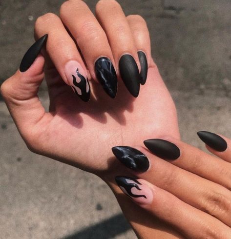 black flames Black Flames, Flame Nails, Black French Nails, Black Almond Nails, Flame Design, Marble Nails, Nail Decals, Black Nails, Almond Nails