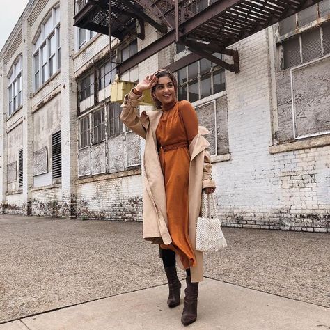 Everyone's Wearing Pantone 16-1448 TCX on Pinterest and Instagram Burnt Orange Dress Outfit, Burnt Orange Outfits, Burnt Orange Outfit, Orange Dress Outfit, Orange Dress Outfits, Dress Outfit Winter, Maxi Dress Outfit Fall, Winter Hijab, Orange Outfits