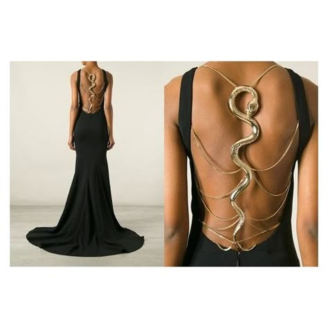 Cavalli snake-back gown | Fierce Fashion | Pinterest ❤ liked on Polyvore featuring roberto cavalli Snake Fashion, Medusa Costume, Snake Dress, Body Chains, Fantasy Book, Inspiration Fashion, Black Gown, Glam Dresses, Strap Dress