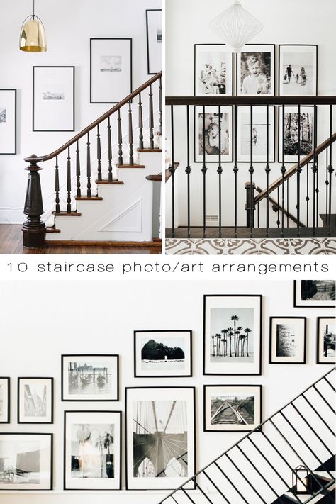 Modern Family Photo Wall Stairs, Family Pictures Up Staircase, Gallery Wall Ideas Stairs Stairways, Art Above Stairwell, Decorate Large Staircase Wall, Stairway Art Gallery, Large Wall Over Stairs Decor, Stair Way Wall Decor Ideas Modern, Up The Stairs Gallery Wall