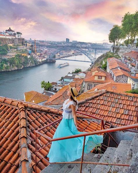 Lifes a Climb but the View is Great  Seeing this stairway to heaven was definitely on my Porto bucket list! One of the best views of the city for sure  Unfortunately our entire time here was rather cloudy so we were never blessed with that much of a gorgeous sunset. So this one is a little bit of movie magic I hope you dont mind since we hiked all the way up here to take this!  A big thanks to @dianamiaus who shared this location on her blog so we were able to find it with ease! Its on Passeio d Cheap European Cities, Jordan Travel, Portuguese Culture, Germany Castles, Cities In Europe, Amazing Photo, Get Outdoors, Portugal Travel, Porto Portugal