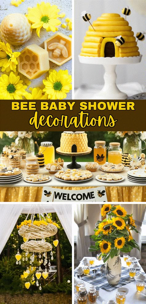 Bee Baby Shower Decoration Ideas - how to throw a mom to bee baby shower party! Cute baby shower theme and fun decorations for a baby shower and bee themed party #babyshower #beeparty #beetheme #bees #momtobee #newmom Bee Baby Shower Theme Decoration, Cute Baby Shower Theme, Bee Baby Shower Food, Bee Baby Shower Ideas, Bee Shower Theme, Mom To Bee, Bee Baby Shower Decoration, Baby Shower Decoration Ideas, Outdoor Garden Party