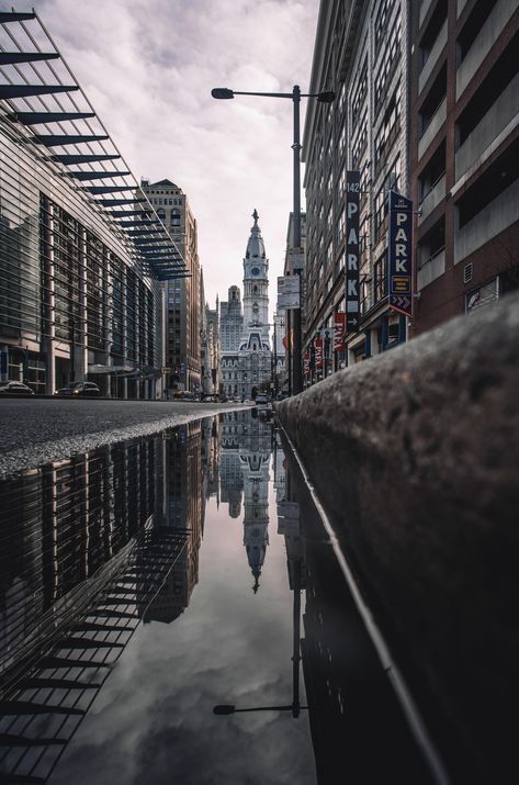 Reflections in Philadelphia. Industrial Landscape Photography, Unique Landscape Photography, Spaces And Places Photography, Sense Of Place Photography, Urban Photography Street Buildings, Places And Spaces Gcse Photography, Panorama Photography Landscapes, Puddle Photography, Abstract Architecture Photography