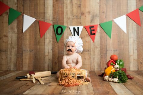 Italian First Birthday Photos, Pasta Smash Photoshoot, Pizza Cake Smash, Spaghetti Smash Photoshoot, Italian First Birthday Party, Cake Smash Inspiration, Holy Cannoli, Pizza Birthday, Baby First Birthday Themes