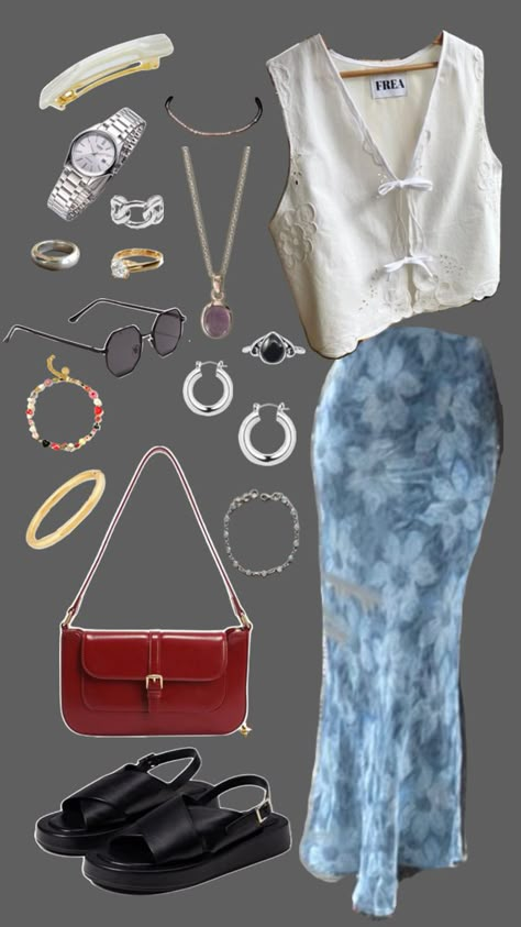 Collage with a red bag blue wrap skirt white linen top and an assortment of accessories mixed in metals and styles 90sinspired Summer 90s, Rule Of Thumb, Outfit Collage, Thrift Finds, Practical Magic, To The Moon, The Moon, Moon, Collage