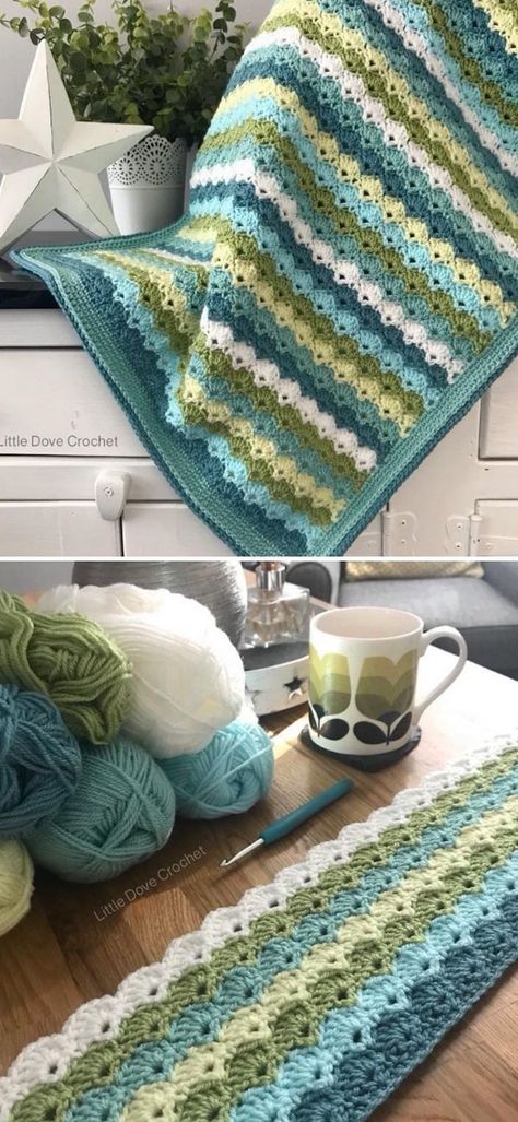 Amazing Shell Crochet Blankets.What do you think about this blanket’s color palette? Make sure to let me know in the comments below! I absolutely love how littledovecrochet combined yellow and a couple shades of blue to create this ultimate baby baby blankie, that can be the best gift for future parents! #freecrochetpattern #blanket #throw Crochet Baby Blanket Pattern Three Colors, Crochet Afghan Color Schemes, Baby Blanket Colors Schemes, Afghan Colors Combinations, Blue Crochet Blanket Patterns Free, Crochet Cot Blanket, Easy 2 Color Crochet Blanket Pattern, Blue Crochet Blankets, Blue Green Crochet Blanket