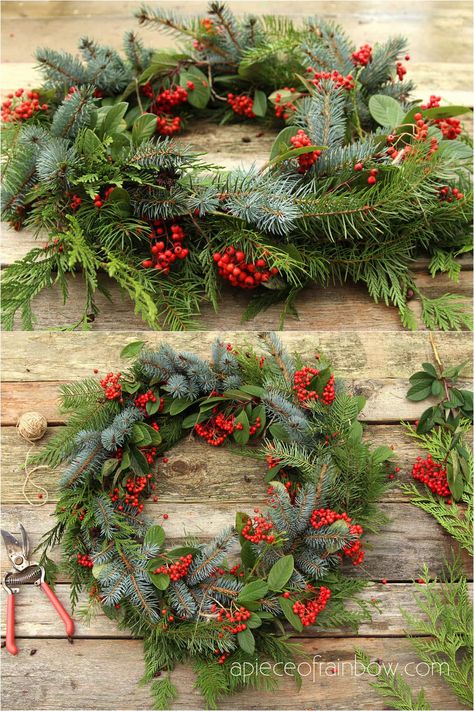 How to make beautiful fresh Christmas wreath with long lasting evergreens! Easy DIY natural Xmas decor & crafts with real pine & spruce branches! home decorations, crafts, winter, wreaths, farmhouse, boho, modern, door decor ideas Diy Wreath Real Branches, Make Your Own Christmas Door Wreath, Fresh Xmas Wreaths, Christmas Wreath Natural Diy, Diy Fresh Wreath Christmas, Christmas Wreath Rustic, How To Make A Fresh Christmas Wreath, Diy Real Wreath Christmas, Diy Artificial Christmas Wreath