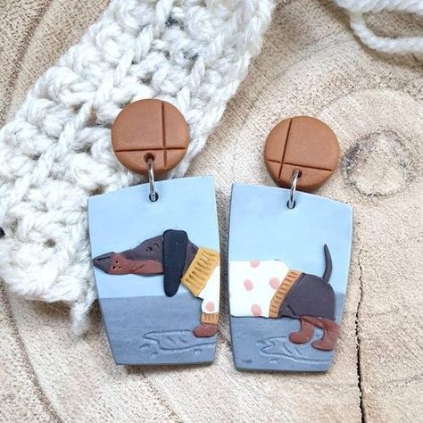 Dog Polymer Clay, Dachshund Jewelry, Polymer Clay Embroidery, Bio Fashion, Polymer Clay Flower Jewelry, Clay Dangle Earrings, Jewelry Cute, Polymer Earrings, Polymer Clay Diy