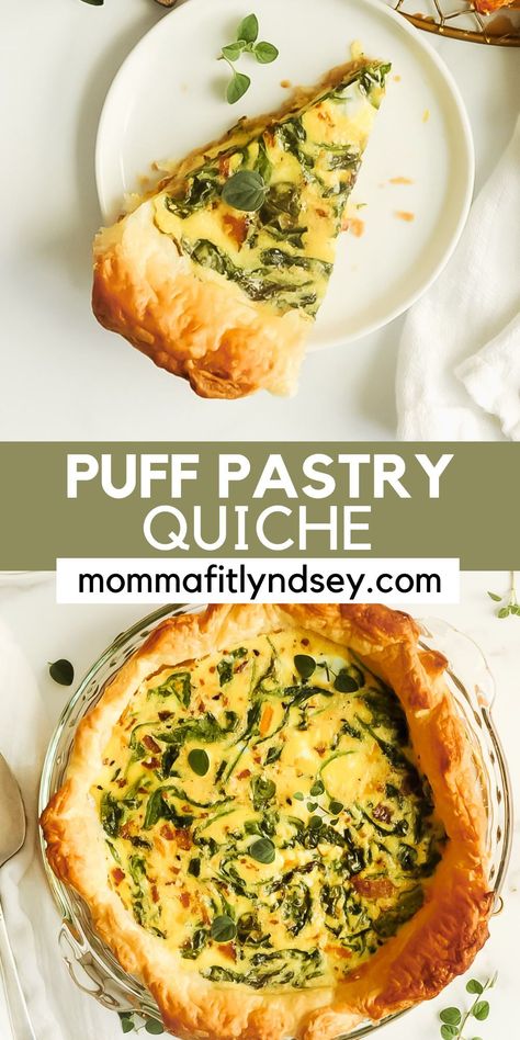 Easy puff pastry quiche that is healthy to make for an easy brunch or breakfast! Like quiche lorraine but with bacon or no bacon for a vegetarian quiche recipe. No cheese option for dairy free quiche with spinach. Spinach And Artichoke Quiche, Quiche Spinach And Cheese, Quiche Filling Ideas, Spinach Bacon Quiche, Puff Pastry Quiche, Impossible Pies, Bacon Quiche Recipe, Bacon Spinach Quiche, Broccoli Bacon