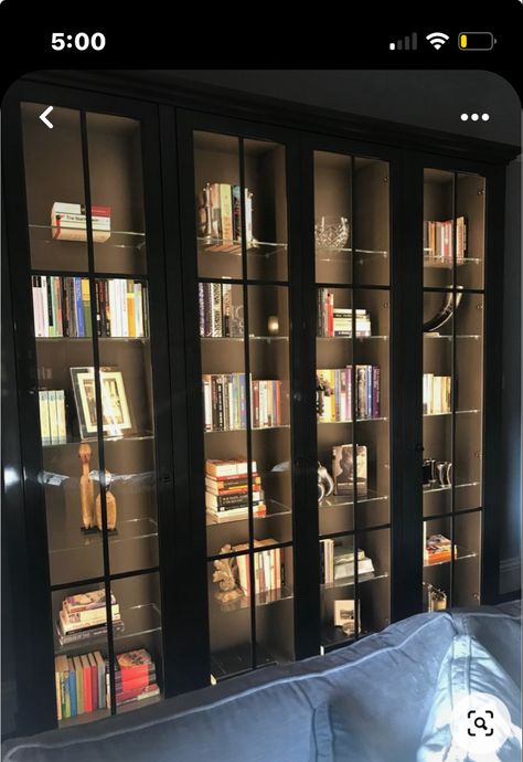 Glass Library Bookshelves, Contemporary Bookshelves, Either Side Of Fireplace, Modern Bookcase Design, Library Room Design, Side Of Fireplace, Glass Bookshelf, Glass Library, Luxury Bookcase