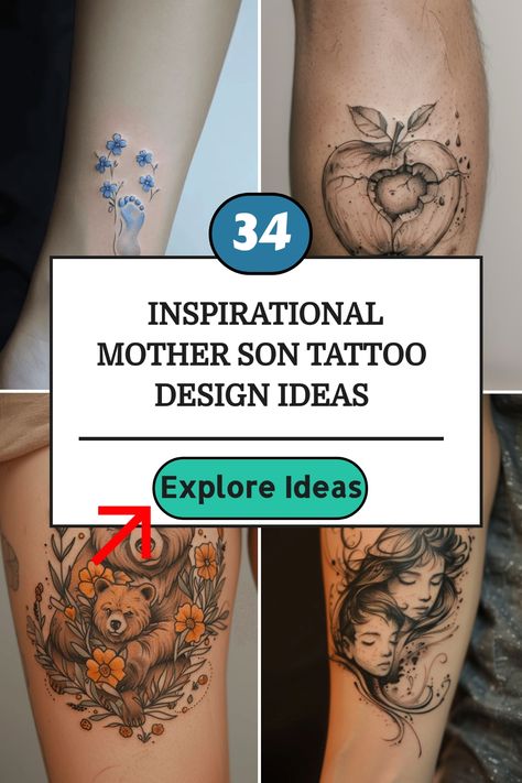 Collage of four mother-son tattoo designs, including flowers, an apple heart, a bear, and a mother hugging a child. Mother Son Harry Potter Tattoos, Mom And Son Tattoo Ideas Simple, Tattoos For Your Son, Boy Mom Tattoo, Mother Son Tattoo, Mother And Son Tattoo Ideas, Mother And Son Tattoo, Son Tattoo Ideas, Son Tattoos