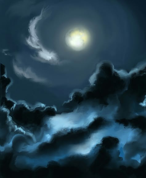 Digital art. Procreate.moon.night. Nighttime Sky Painting, Dark Skies Painting, Digital Night Sky, Night Woods Painting, Night Sky With Clouds Painting, Clouds At Night Painting, Night Time Painting Ideas, Paintings Of The Night Sky, Night Sky Silhouette Painting