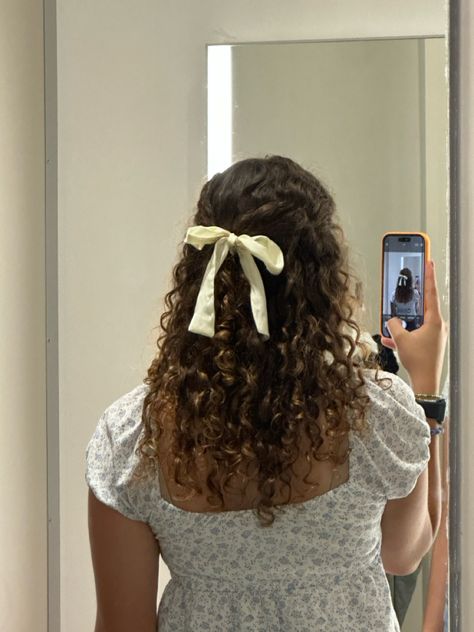 Brown Curly Hair Half Up Half Down, Half Up Half Down With Bow Curly Hair, Hair Bows Curly Hair, Cute Hairstyles With Bows Curly Hair, Easter Hairstyles Curly Hair, Ribbon In Curly Hair, Hairstyles With Bows Curly Hair, Curly Hairstyle With Bow, Bows In Curly Hair