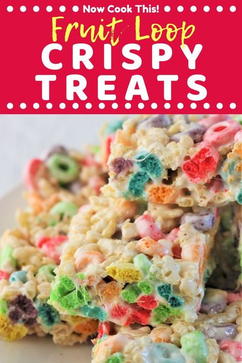 These Fruit Loop Crispy Treats are a fun, colorful, and super delicious no-bake dessert that are a twist on classic Rice Krispies treats. Sure to be loved by kids and grown-ups alike! Get the recipe and give them a try!  #fruitloopcrispytreats #fruitlooptreats #ricekrispietreats #nobakedessert | nowcookthis.com Fruit Loop Treats, Dessert Rice, Fruit Loops Cereal, Reese's Puffs, Gummies Recipe, Fruity Treats, Rice Krispies Treats, Marshmallow Treats, Cereal Treats