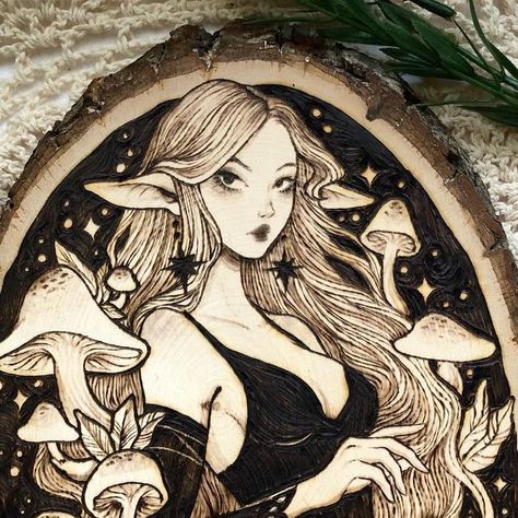 grave on Instagram: "sort of a sister piece to my other mushroom girlie hehe ❤️ . . . . . #pyrography #woodburning #cozyart #natureart" Woodburning Mushroom, Wood Etching, Woodburning Art, Pyrography Ideas, Beginner Wood Burning, Pyrography Designs, Mushroom Pictures, Pagan Art, Pyrography Art