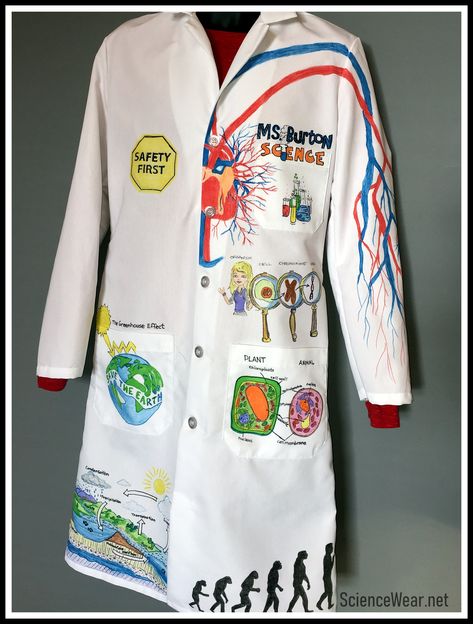 Personalized and illustrated lab coats by Jody - Info@ScienceWear.net $125-$135 (size) Science Costumes, Laboratory Coat, Scientist Costume, Lab Ideas, Jacket Diy, Lab Week, Study Cards, Ten Ten, Fall Fashion Skirts