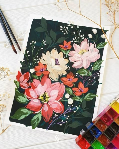 Gauche Flower Painting, Gauche Painting Flower, Guache Flower Painting, Flowers To Paint Acrylics, Acrylic Sketchbook Painting, Flower Art Design Illustrations, Gauche Flowers, Nature Art Drawings Creative, Flower Gouache Painting