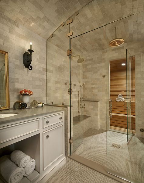 Sauna Bathroom Ideas, House Sauna, Sauna Bathroom Design, Sauna Shower, Home Spa Room, Tile Walls, Relaxing Bathroom, French Country Bathroom, Sauna Design