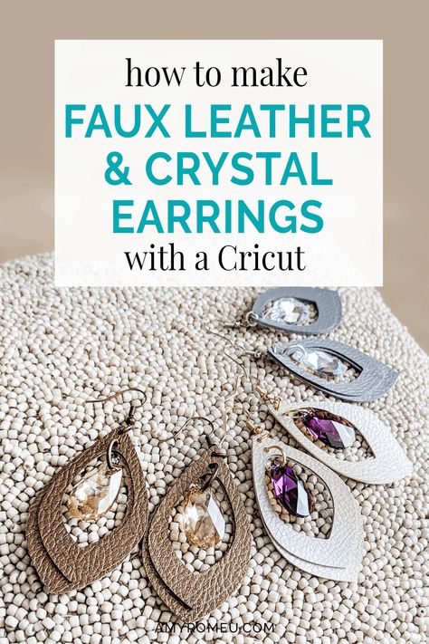 How to make faux leather earrings with crystal charms using your Cricut! Free SVG file available on my website at amyromeu.com. #cricutearrings #cricutcrafts #cricutjewelry Diy En Cuir, How To Make Leather, Leather Jewelry Making, Diy Leather Earrings, Leather Jewelry Diy, Faux Leather Earrings, Cricut Free, Diy Cricut, Cricut Craft Room