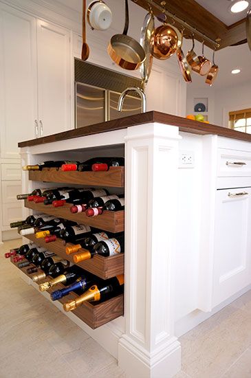 Built In Wine Storage Kitchen, Kitchen Wine Rack Ideas, Kitchen Island End Storage, Under Counter Wine Rack, Wine Rack End Of Island, Small Kitchen Island With Wine Rack, Kitchen Island Wine Rack, Kitchen Island Wine Storage, Kitchen Island Winerack