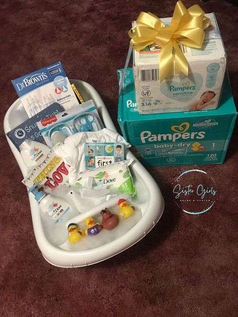 Baby bathtub filled with rubber duckies, books, baby Dove set, Dr. Brown's bottle set, Gerber onesies, Fisher-Price Grooming Kit. Pampers diaper and wipe tower. #ad Diy Baby Shower Gift, Dove Set, Soothing Baby, Diy Baby Shower Gifts, Baby Bath Tub, Shower Bebe, Baby Lotion, Pampering Gifts, Baby Gift Basket