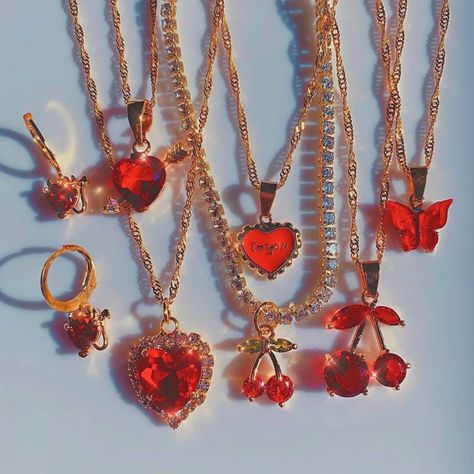 necklaces red heart love valentines cherry fruit ruby gem stones crystals jewellery accessories gold aesthetic palette trendy outfit cute butterfly earrings chain ———————————————————————————— (not my picture <3) #jewelry #red #accessories Red Aesthetic Jewelry, Heart Jewelry Aesthetic, Gold And Red Jewelry, Red Jewerly, Red Items, Red Aesthetics, Red Theme, Fruit Jewelry, Red Accessories