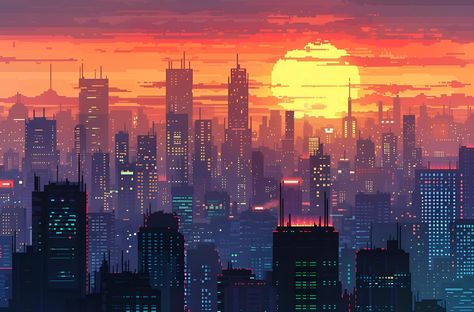 Save & follow PixelSynth for more mesmerizing pixel art! This vibrant piece showcases a futuristic cityscape at sunset, created using the pixel art technique. Originating in the late 1970s, pixel art involves carefully placing individual pixels to form intricate, bitmap-style images. This art style calls for precision and creativity, capturing the essence of a high-tech metropolis bathed in the warm hues of twilight. Experience the blend of nostalgia and innovation.  #PixelArt #DigitalArt #FuturisticCity #RetroArt #SunsetArt #Cityscape #ArtHistory #PixelSynth Cityscape Pixel Art, Pixelart Desktop Wallpaper, Pixel Landscape Art, Pixel Art Aesthetic Wallpaper, City Pixel Art, Pixel Wallpapers, Happy Charms, Urban Sunset, Pixel City