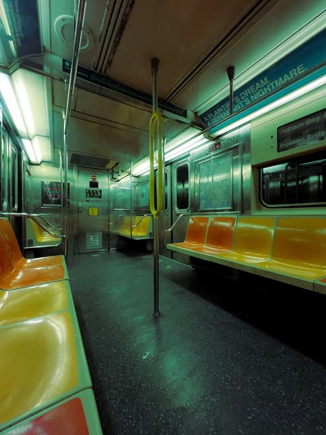 nyc new york city nightlife train empty aesthetic train grunge y2k fallen angels Modern Train Interior, Train Interior Aesthetic, Train Reference Photo, Train Perspective Drawing, Liminal Train Station, Train Car Aesthetic, Liminal Space Train, Bullet Train Aesthetic, Public Reference