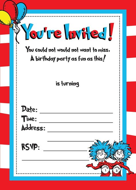 Dr. Seuss Printable Birthday Invitations - Etsy Canada Dr Seuss Birthday Party, Dr Seuss Birthday, Seuss Party, Printable Birthday Invitations, Birthday Invitations Kids, Dr Seuss, Printable Invitations, Themed Party, Birthday Party Invitations