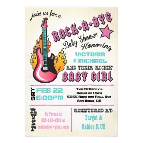 Rock a bye rockstar baby shower Invitations Pink Electric Guitar, Rock Baby Showers, Hand Drawn Invitation, Couples Baby Shower Invitations, Star Baby Shower Invitations, Fun Typography, Rock A Bye Baby, Couples Baby Showers, Boho Baby Shower Invitations