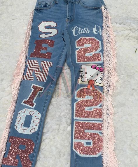 click link to order: https://rb.gy/gtr630 Senior Painted Jeans, Homecoming Spirit, Spirit Week Outfits, Diy Graduation Cap, Senior Photo Outfits, Pretty Shoes Sneakers, Senior Picture Outfits, Painted Jeans, Spirit Week