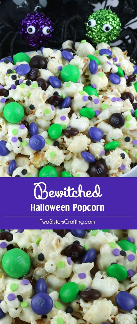 Bewitched Halloween Popcorn - sweet and salty popcorn covered in marshmallow and mixed with crunchy chocolate candy in Halloween colors. A yummy Halloween Dessert that is super easy to make! Pin this delicious Halloween treat for later and follow us for more great Halloween Food Ideas Sweet And Salty Popcorn, Delicious Halloween Desserts, Popcorn Sweet, Delicious Halloween Treats, Dessert Halloween, Postres Halloween, Recetas Halloween, Halloween Popcorn, Salty Popcorn