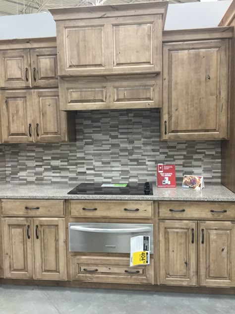 Lowes schuler cabinetry knotty alder cappuccino Lowes Cabinet, Knotty Pine Kitchen, Lowes Kitchen Cabinets, Pine Kitchen Cabinets, Lowes Kitchen, Kitchen Beautiful, Pine Kitchen, Rustic Kitchen Cabinets, Kitchen Cabinets Ideas