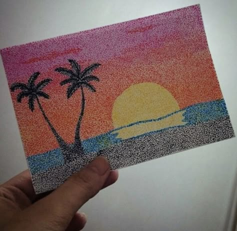 Pointilism Art Sunset, Sunset Dot Art, Stippling Art Color, Dotted Drawings Easy, Pointillism Art For Kids, Pointalism Art Ideas, Sunset Pointillism, Pointillism Easy, Pointilism Art Ideas Easy