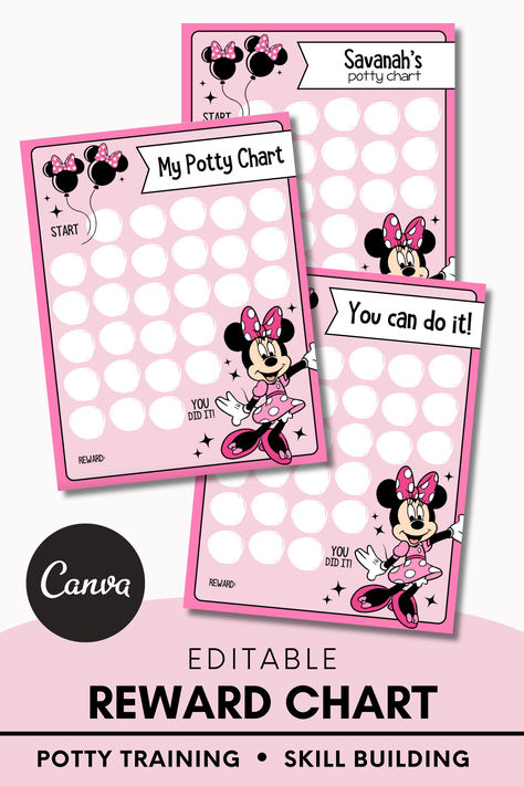 Our Minnie reward chart turns challenges into victories! Whether you're navigating the waters of potty training or celebrating another milestone skill, this chart provides a visual path to success for your kid. Tailored for little achievers, it's designed to motivate, reward, and most importantly, applaud every step forward. Simply download, print, and let the journey to mastery begin. Minnie Mouse Potty Training Chart, Minnie Mouse Potty Chart, Potty Training Sticker Chart, Potty Chart, Potty Training Chart, Behavior Chart, Sticker Chart, Path To Success, Reward Chart