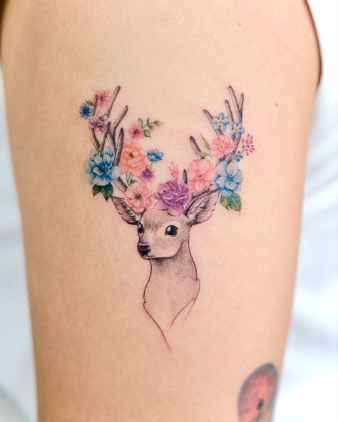 By: @fancycrystal.tattoo Doe With Flowers Tattoo, Cute Deer Tattoo, Dear Tattoos, Deer Tattoos For Women, Parent Tattoo, Fawn Tattoo, Deer Tattoos, Antler Tattoo, Soft Tattoo