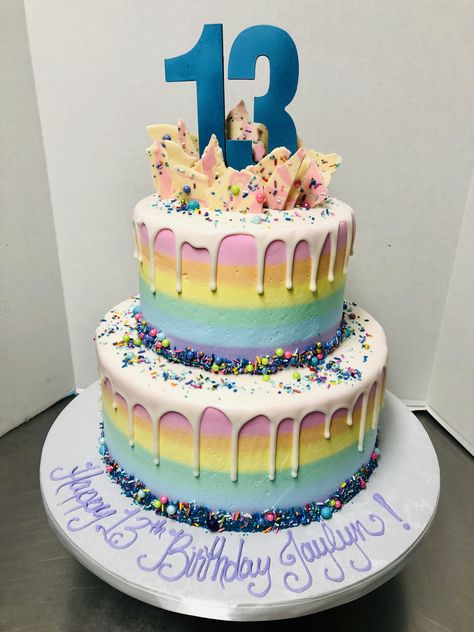 Pastel Rainbow & Drips 2-tier Birthday Cake Pastel Rainbow Birthday Cake 2 Tier, 2layer Cake Design Birthday, 2 Tier Rainbow Cake, 2 Layer Cake Birthday Design, 2 Layer Birthday Cake, Layer Birthday Cake, 2 Tier Birthday Cake, 3 Tier Birthday Cake, Cake Shake