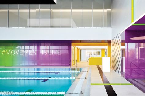 Vox Architects Conjures Neon Magic at Sports Club X-Fit in Russia - Interior Design Yellow Wall Tiles, Kindergarten Interior, Indoor Swimming Pool, Glass Curtain Wall, Swim School, School Interior, Chief Architect, Kid Pool, Indoor Swimming