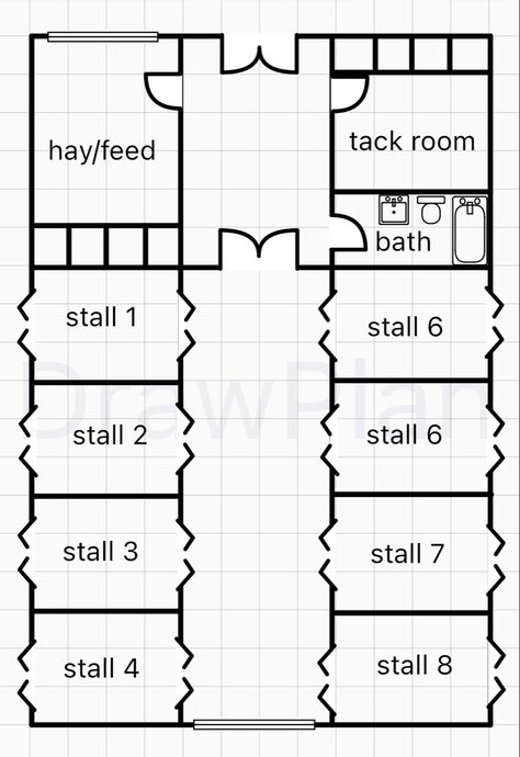 Horse Stable Design Floor Plans, Horse Yard Layout, Stable Layouts Floor Plans, Equestrian Property Layout, 8 Stall Horse Barn Plans, Bloxburg Horse Stables, Stables Layout, Tack Room Ideas Barn, Goat Barn Layout