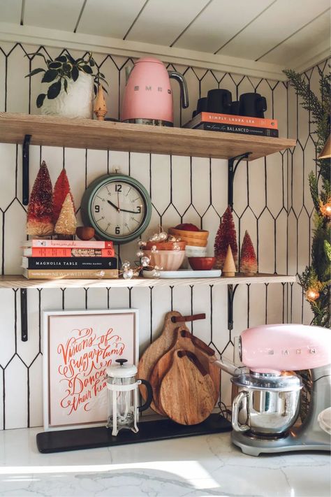 One of my favorite things in our kitchen is our open shelves. Of course it was the first thing I decorated for Christmas. And as I started to write this I realized it really isn’t a ton of Christmas, but it feels like a seasonal change. Just a couple bottle brush trees, and colorful bowls! I did end up adding some twinkle lights and festive art! And linking up some favorites from my Target trip the other day…. Christmas Kitchen Shelves, Christmas Shelf Styling, Scary Kitchen, Shelf Styling Ideas, Kitchen Open Shelves, Christmas Shelf, Nesting With Grace, Kitchen Shelf Decor, Colorful Bowls