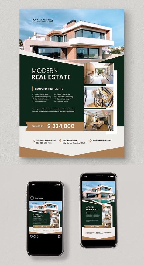 Modern Real Estate Flyer Template PSD, AI + Instagram Post and Story Design Food Web Design, Instagram Story Ads, Modern Real Estate, Real Estate Marketing Design, Real Estate Ads, Graphic Design Brochure, Marketing Specialist, Real Estate Flyer Template, Real Estates Design