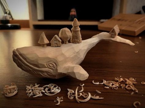 Wood Carving Ideas Beginner, Whale Carving, Floating Cities, Fish Wood Carving, Whittling Ideas, Woodcarving Ideas, Whittling Projects, Simple Wood Carving, Wood Carving For Beginners