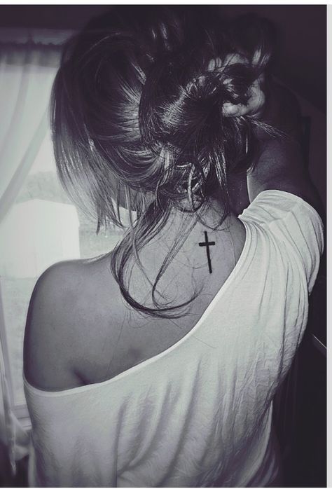 Cross back tattoo Spine Cross Tattoos For Women, Back Cross Tattoo Women, Cross Back Tattoo Women, Cross On Back Tattoo, Cross Spine Tattoos For Women, Cross Spine Tattoo, Cross Tattoo On Back, Cross Neck Tattoo, Cross Tattoo Behind Ear