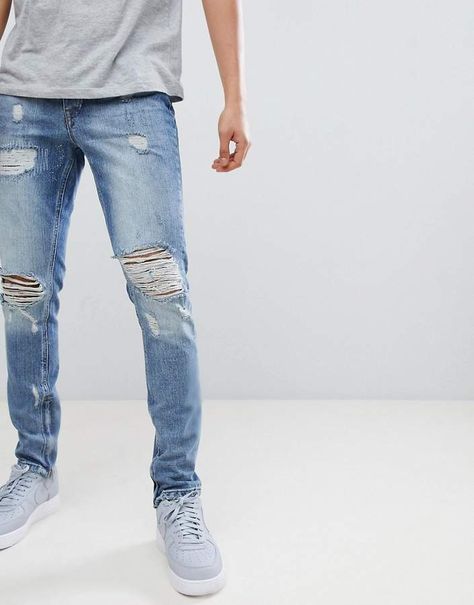 Men's Jeans In Blue With Distressing #affiliate #jeans Damage Jeans Men, Damage Jeans, Jeans Men, Mens Fashion Summer, Colored Denim, Slim Jeans, Jeans Style, Boy Fashion