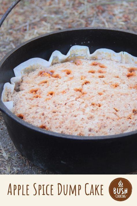 A camp Dutch oven with a cooked apple spice dump cake within it waiting to be served. Apple Spice Dump Cake, Spice Cake Mix Recipes, Spice Dump Cake, Dutch Oven Desserts, Strawberry Dump Cake, Chocolate Dump Cake, Baking Chips, Popular Dessert, Best Dutch Oven